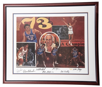 1973 New York Knicks 7 Signature 36x32" Framed Litho Including Jerry Lucas, Walt Frazier, and Willis Reed (JSA)